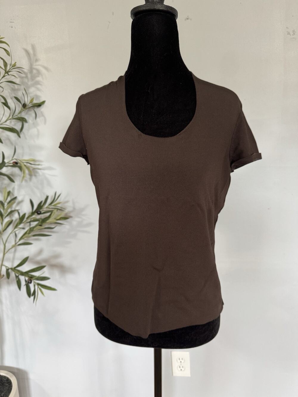 Talbots Vintage 90's Chocolate Brown Rayon Blend Ribbed Scoop Neck Top Size S